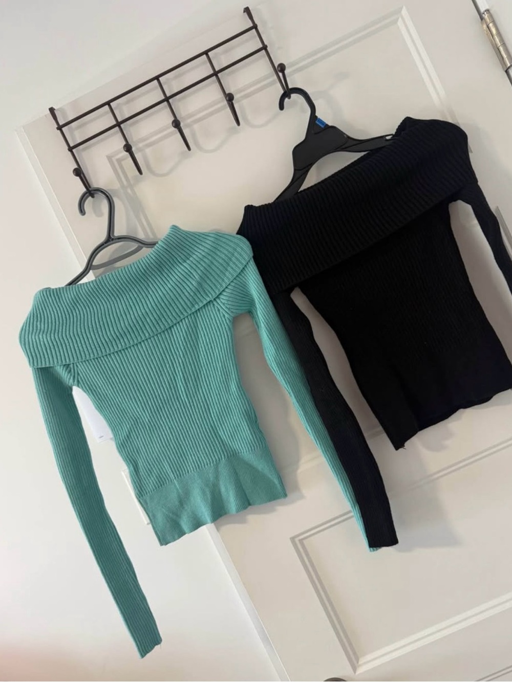 Off-Shoulder Ribbed Sweater Top - Black and Aqua - Lot of 2